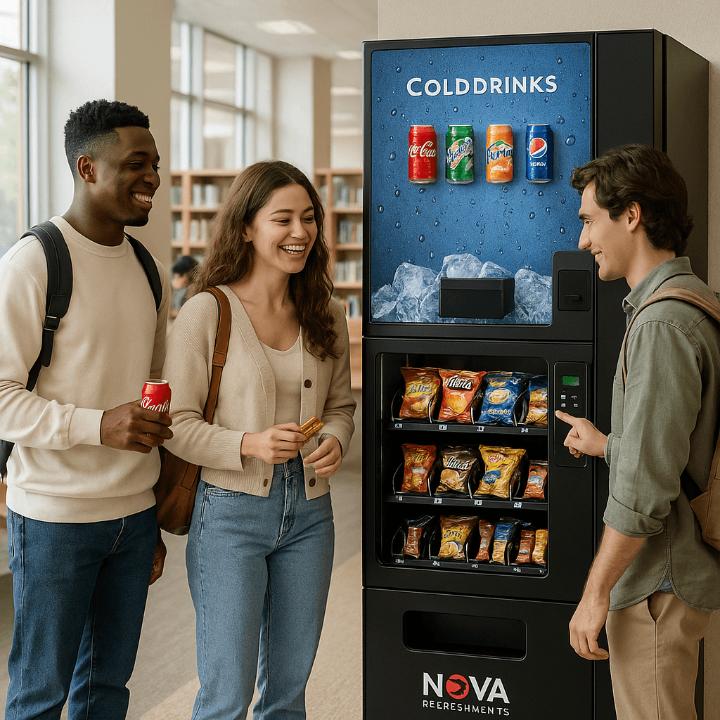 Students using a vending machine in a university common area
