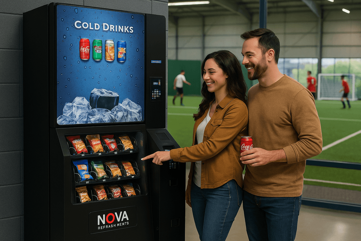 Spectators using a vending machine inside an indoor soccer arena