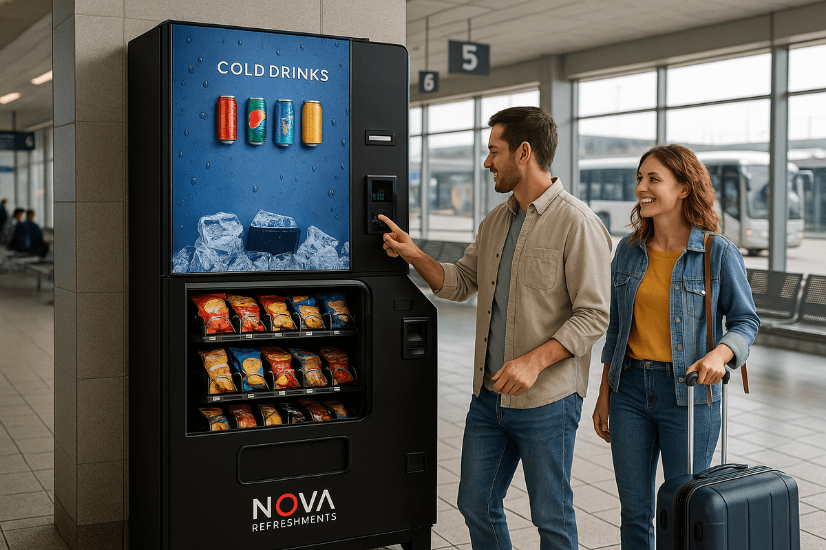 Commuters using vending machines in a train station